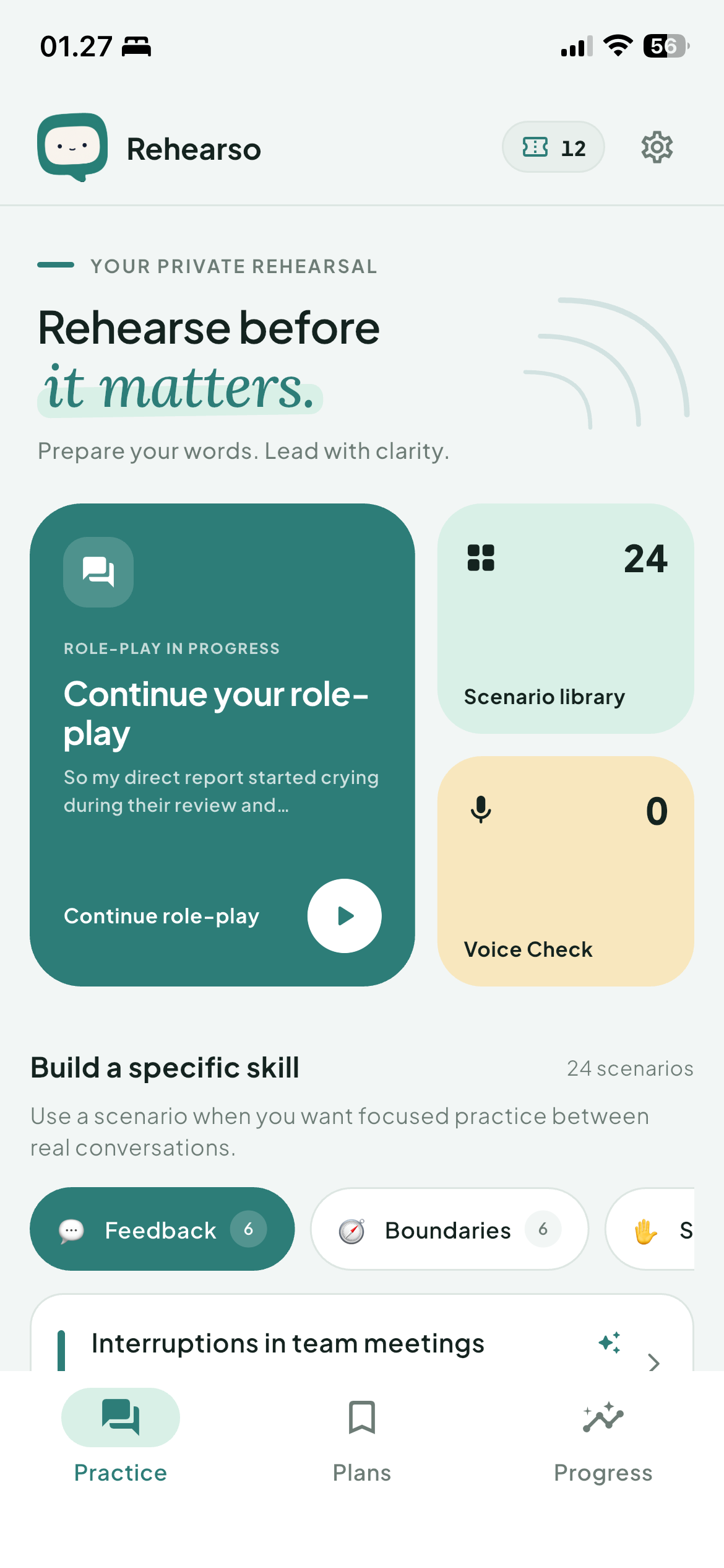 Rehearso app home screen showing role-play, scenario library, and voice check cards